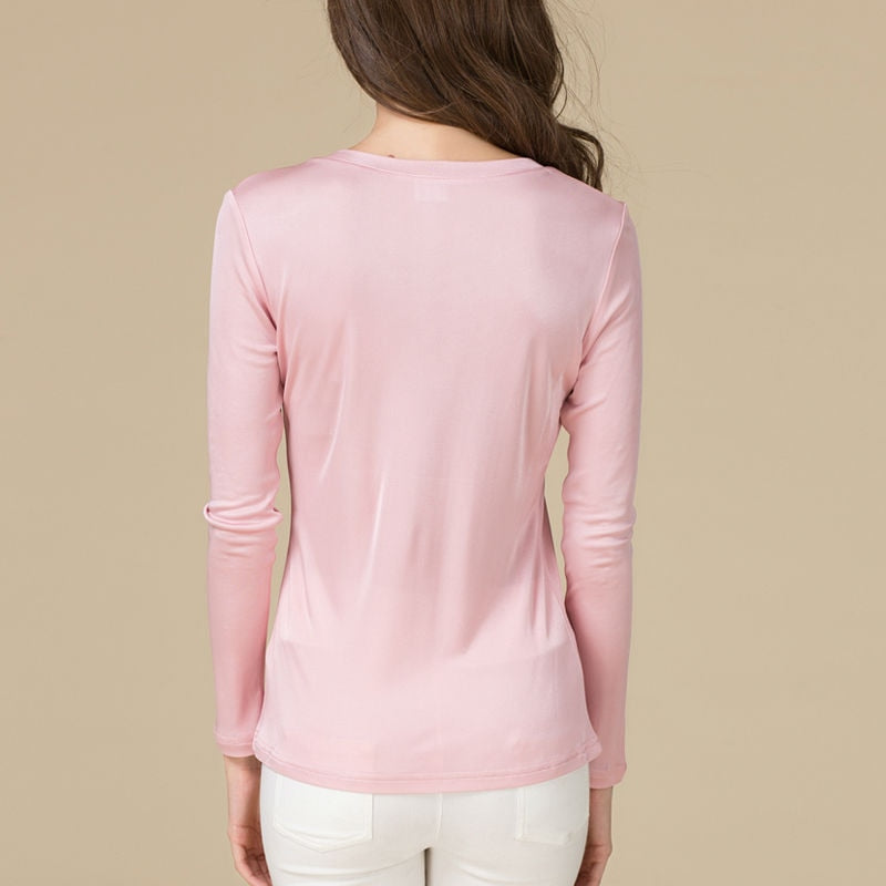 SuyaDream Damen T-Shirt Naturseide Lange Ärmel V-Ausschnitt Solides Basic Shirt Rosa Blau Lila Bottoming Top
