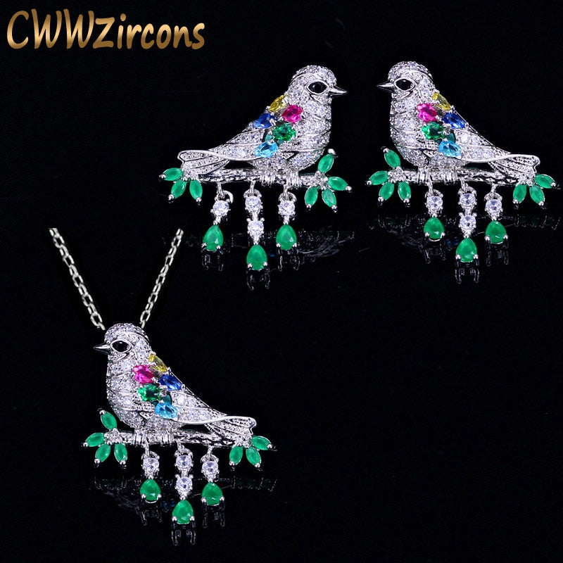 CWWZircons High Quality Water Drop Green CZ Crystal Necklace and Earrings Fashion Animal Bird Jewelry Set for Women Gift T217