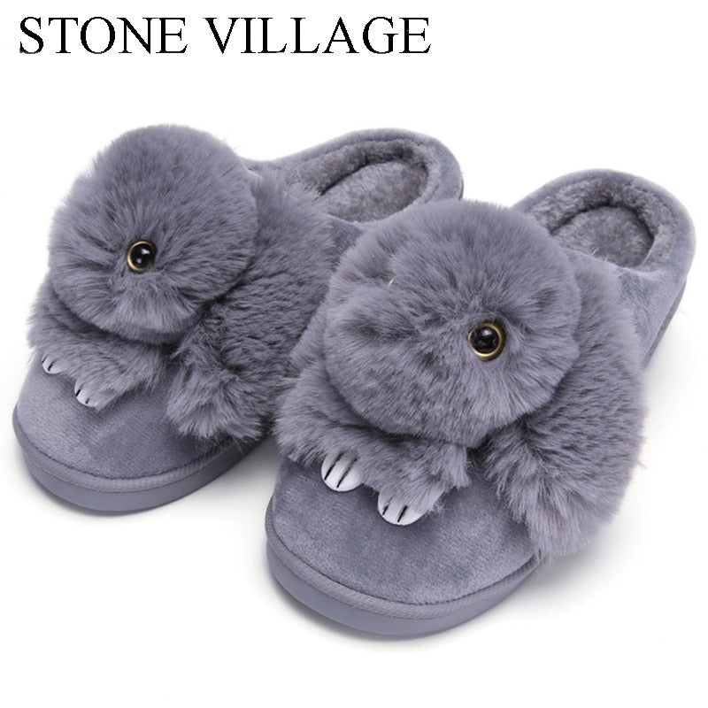 High Quality Women Slippers Lovely Rabbit Animal Prints Solid Flat Indoor Shoes Winter Plush Warm Home Slippers Size 36-43