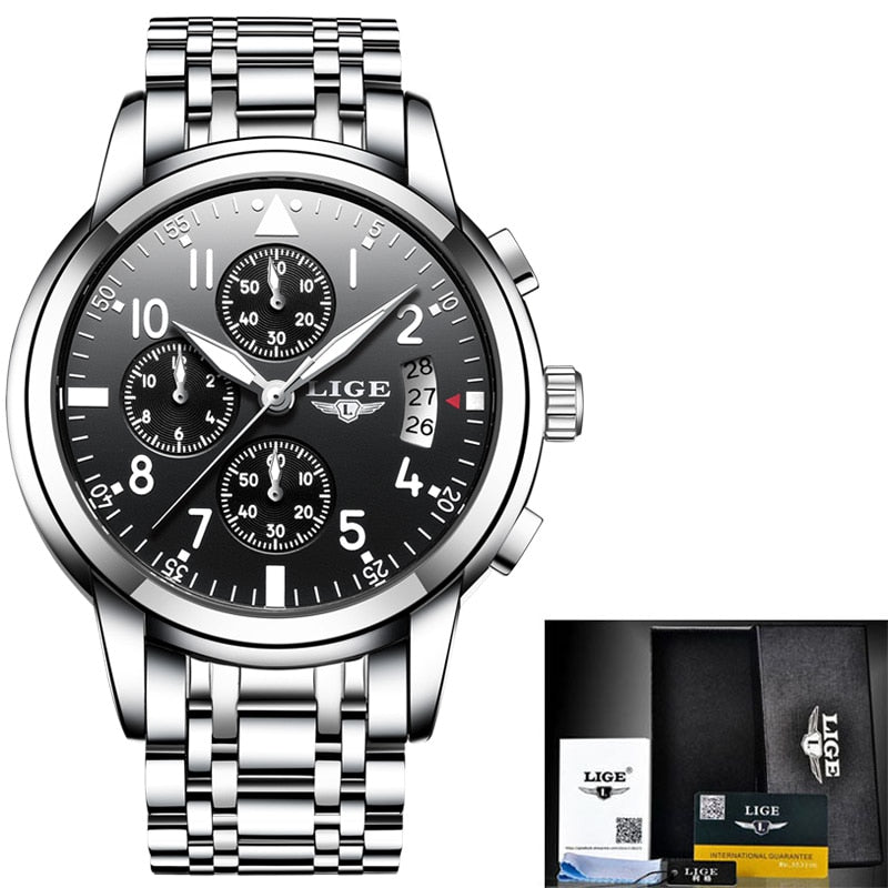 LIGE, relojes para hombre, marca superior, reloj de cuarzo de negocios a la moda de lujo, reloj deportivo para hombre, reloj negro resistente al agua de acero, erkek kol saati + caja