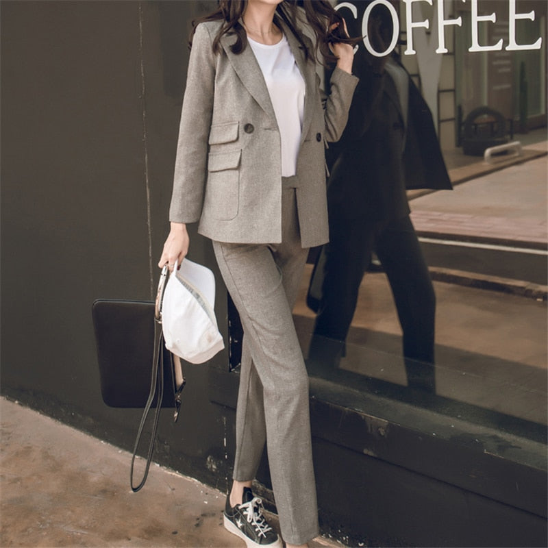 BGTEEVER Women Trousers Suit Casual Buttons Jacket & High Waist Pencil Pant Female 2 Pieces Blazer Set Elegant Pant Suit Women