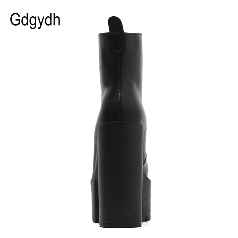 Gdgydh 2022 Fashion Autumn Women Ankle Boots Leather Black Female High Heels Shoes Ultra High Platform Heels Round Toe Lady Shoe