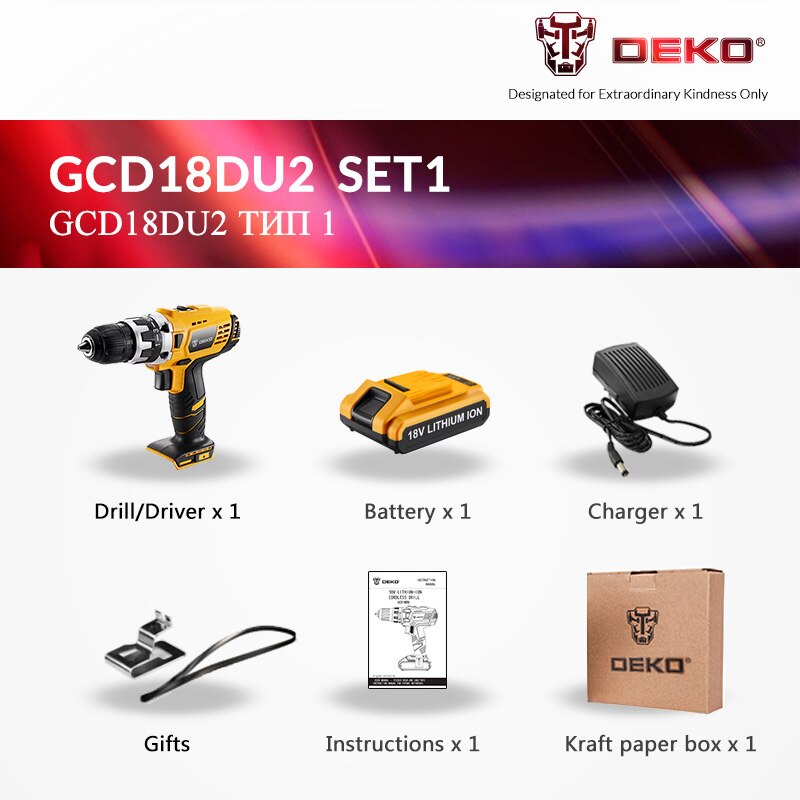 DEKO GCD18DU2 Electric Screwdriver Cordless Drill Wireless Power Driver 18-Volt DC Lithium-Ion Battery 1/2-Inch 2-Speed