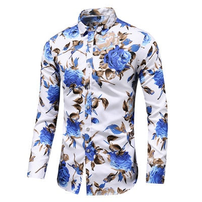 2022 Autumn Men Slim Floral Print Long Sleeve Shirts Fashion Brand Party Holiday Casual Dress Flower Shirt Homme Plus Size 7XL