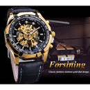 Forsining Waterproof Golden Black Skeleton Clock Two Button Decoration Mechanical Wrist Watches for Men Black Genuine Leather