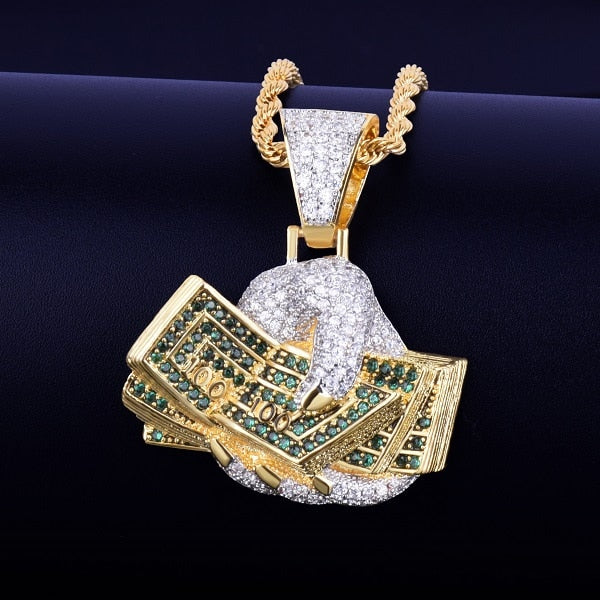 Hand Money Dollar Necklace &amp; Pendant  Gold Color AAA Cubic Zircon Hip Hop Rock Jewelry