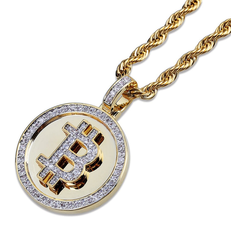 TOPGRILLZ Hip Hop Gold Color Color Plated Iced Out Micro Pave Zirconia Round Bitcoin Pendant Necklace For Men Three Chains