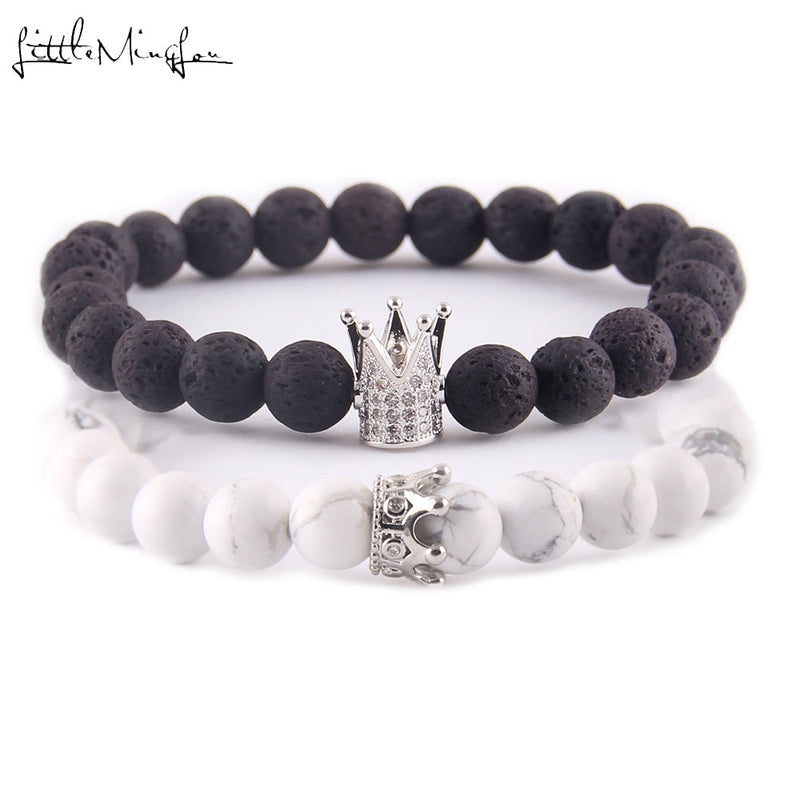 Luxury natural stone beads Couple Lovers bracelet Set CZ King Queen Crown Charm women yoga Bracelets Bangles for men jewelry