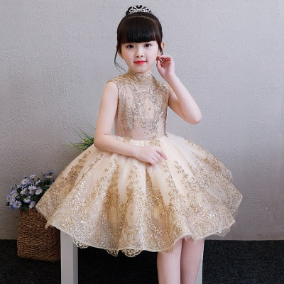 Elegante tul dorado flor niña vestido fiesta niños desfile vestido princesa boda vestido sin mangas vestidos de primera comunión 1-14T