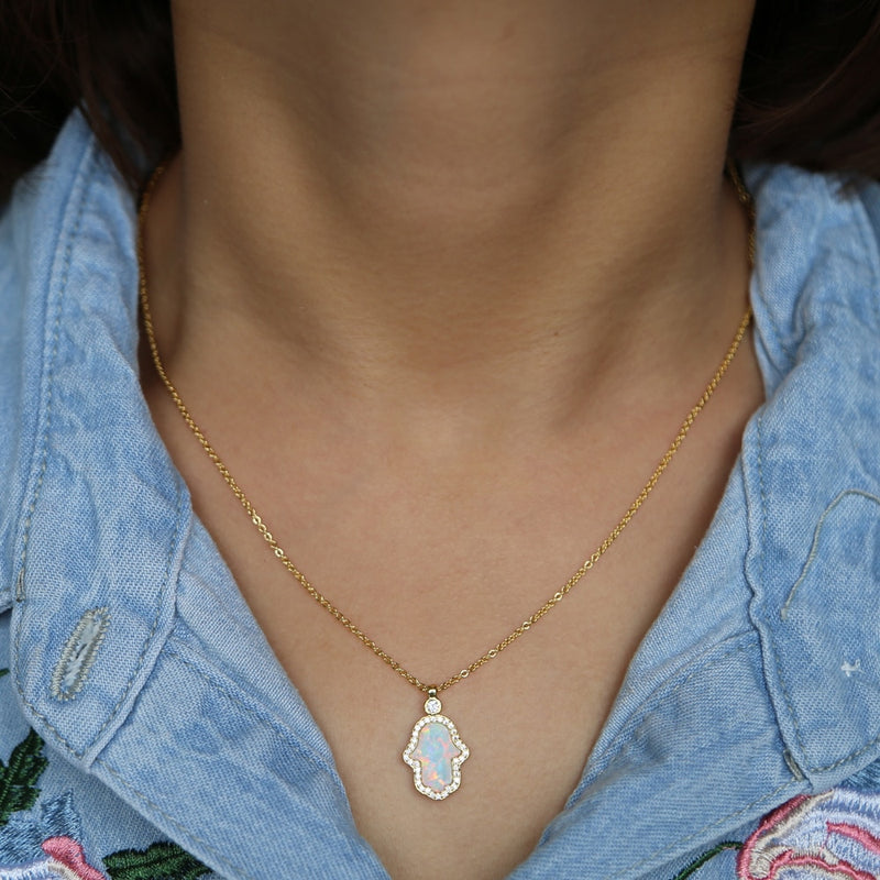 fashion 2022 turkish hamsa hand pendant necklaces women ladies delicate dainty gold silver color white fire opal stone necklace