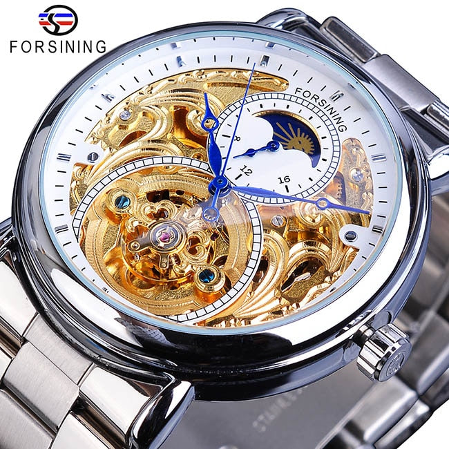 Forsining Automatische Mechanische Business-Uhr Herrenuhr Goldene Mondphase Stahlband Armbanduhren Top-Marke Relogio Masculino