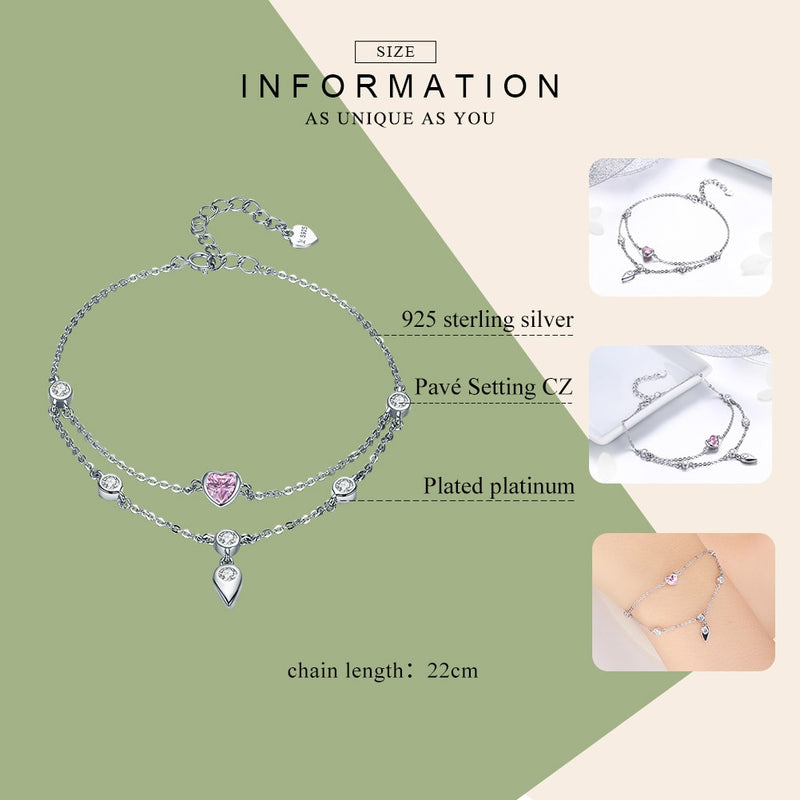 BAMOER romántico nuevo 925 plata esterlina dulce corazón rosa CZ pulseras de doble capa para mujeres joyería de plata esterlina SCB090