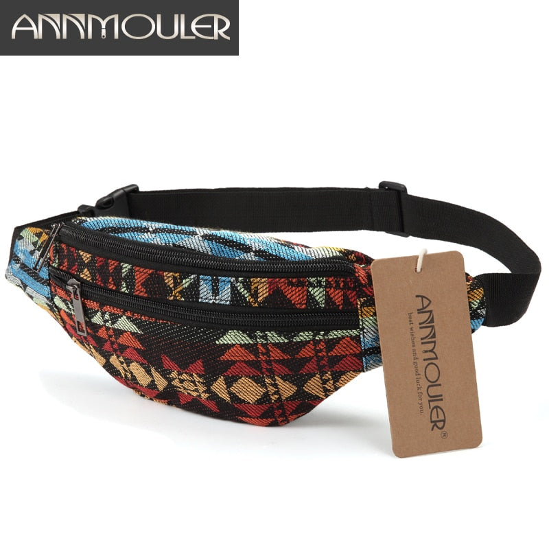 Annmouler New Women Fanny Pack 8 Colors Fabric Waist Packs Bohemian Style Waist Bag 2 Pocket Waist Belt Bag Travel Phone Pouch