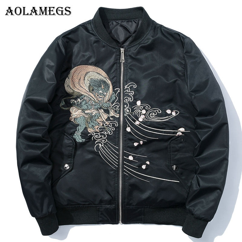 Aolamegs Chaquetas Hombres Japonés Bordado MA1 Chaqueta Chándal Abrigos Hip Hop Stand Collar Casual Cozy Male Windbreaker Streetwear