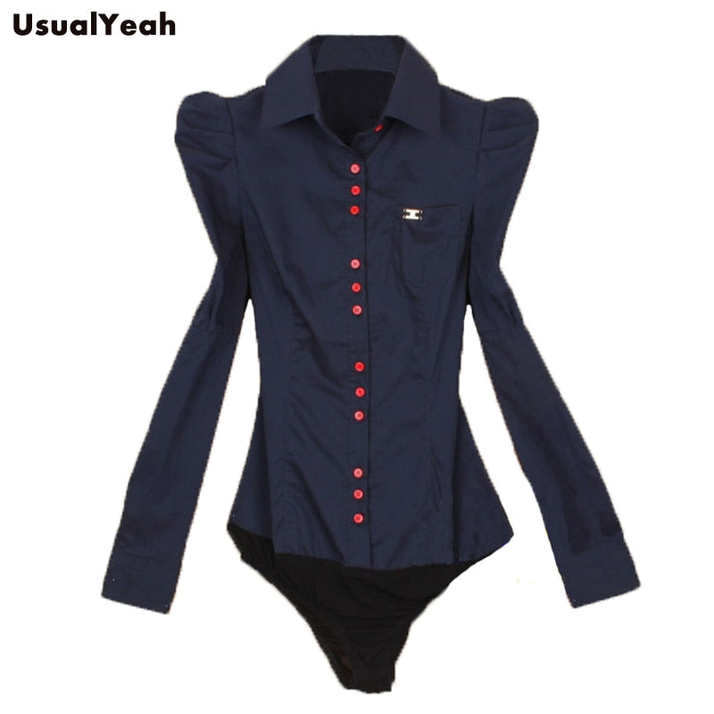 Neue Mode Elegant Langarm Baumwolle OL Body Shirt Büro Damen Bodysuit Button Design Dunkelblau Weiß Rot S-3XL Plus Größe