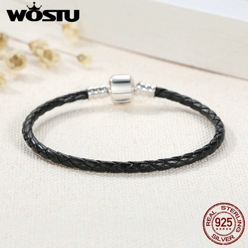 2019 New 100% 925 Sterling Silver & Real Black Leather Chain Charm Fit  Bracelet For Women Men Original Fine Jewelry XCHS911