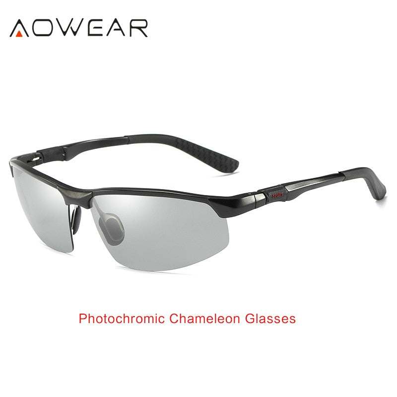 AOWEAR Photochromic Sunglasses Men Polarized Day Night Driving Glasses High Quality Aluminium Rimless Chameleon Eyewear Gafas