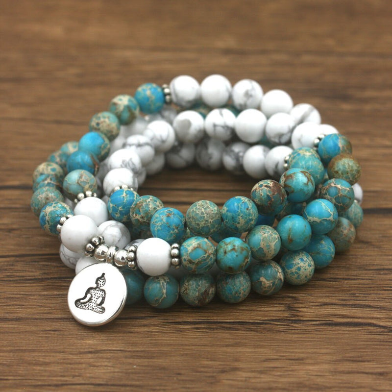 108 Beads Buddhist Mala Bracelet Howlite Natural Stone and Lotus Charm Women Bracelet Meditation Spiritual Jewelry Free Shipping