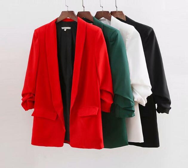 Chic Candy Solid Color Ruched Cuff Mid Long Blazer With Lining Woman Shawl Collar Slim fit Suit Casual Jacket Coat Outerwear