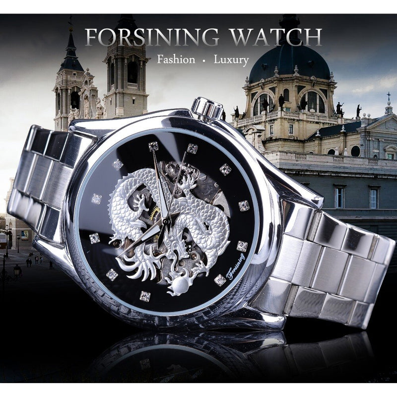 Forsining Classic Dragon Design Silver Acero inoxidable Diamond Display Hombres Relojes de pulsera automáticos Top Brand Luxury Montre Homme