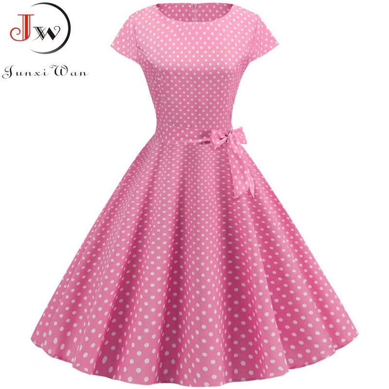 Women Summer Dresses Robe Vintage 1950s 60s Pin Up Big Swing Party Work Wear Rockabilly Dress White Polka Dot Vestidos