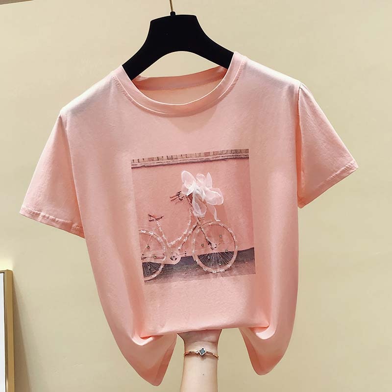 Gkfnmt 2021 moda Cool estampado mujer verano camiseta blanca algodón mujeres camisetas Casual Harajuku camiseta mujer Rosa suelta Top