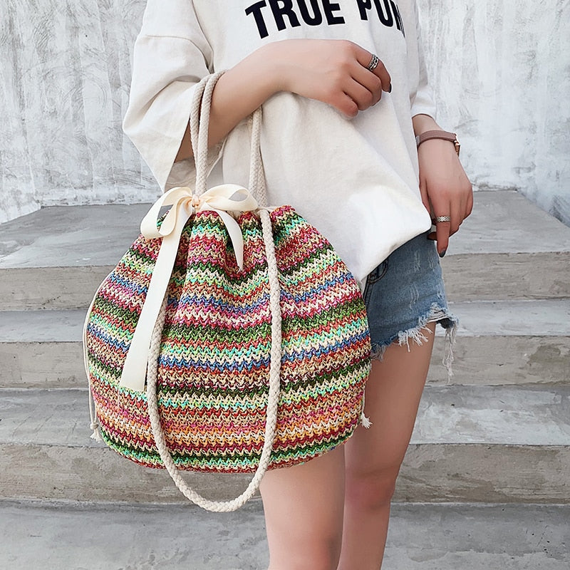 Fashion Rattan Woven Women Handbag Summer Beach Bag Large Capacity Tote Bag Handmade Knitted Straw Crossbody Bags for Women