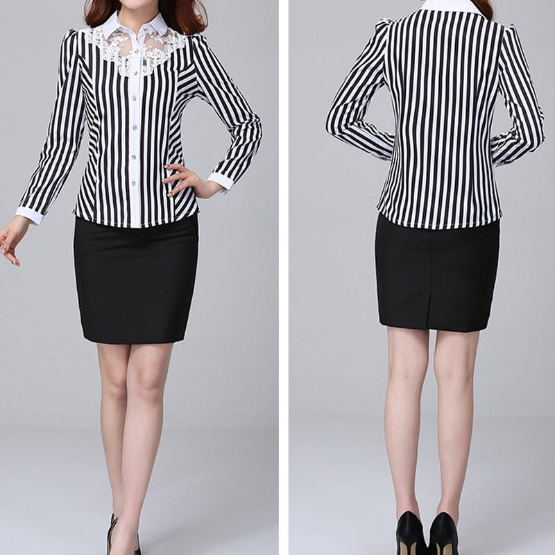 Neue Frauen Spitze Spliced ​​Stickerei OL Blusen Tops Feminine Slim Shirt Korean Fashion Stripe Tops 4XL