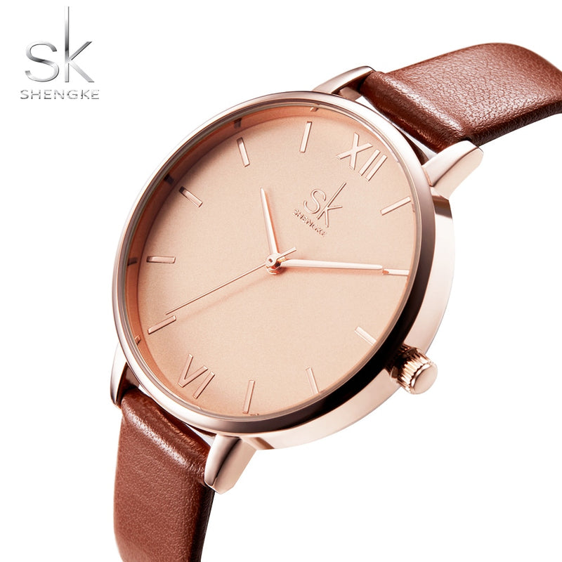 Relojes Shengke para mujer, reloj de pulsera de marca de lujo, reloj de cuero para mujer, reloj de cuarzo Ginebra a la moda para mujer, reloj femenino nuevo SK