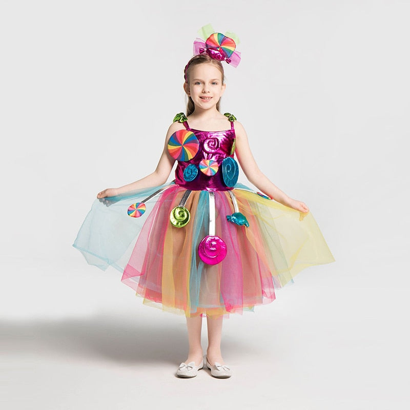 Vestido de caramelo de arco iris para niñas, vestido de modelado de piruleta para niños, disfraces de actuación para niñas, ropa de fiesta de cumpleaños para niños de verano