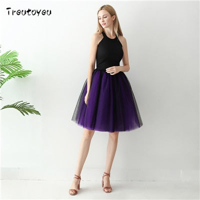 Gothic 7 Layers 65cm Mix Colors Tutu Tulle Skirt Women Streetwear High Waist Pleated Midi Skirts spudniczki jupe rokken faldas