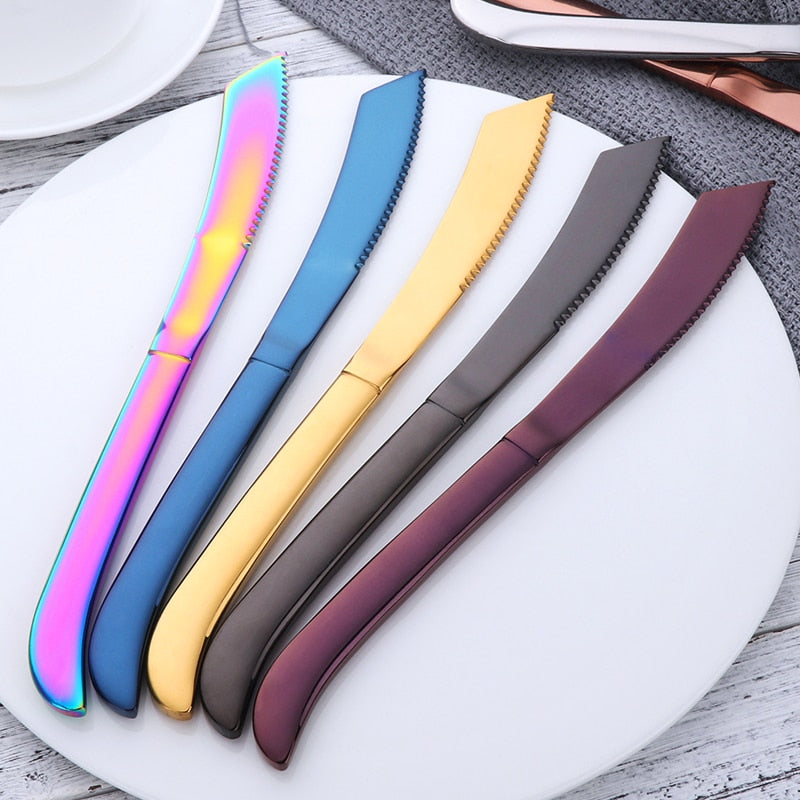 4/6/8pcs Stainless Steel Rainbow Steak Knife Sharp Table Knives Set Restaurant Cutlery Dinner Knife Black Dinnerware Set