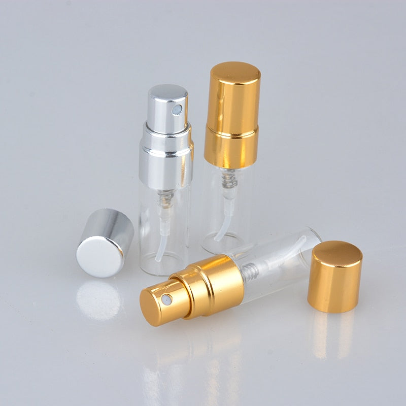 50 unids/lote 2ml botella de Perfume recargable de vidrio portátil con atomizador de aluminio estuche de Perfume vacío para viajero