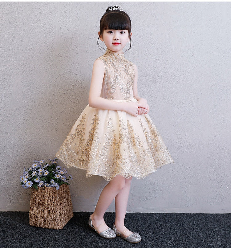 Elegant Golden Tulle Flower Girl Dress Party Kids Pageant Gown Princess Wedding Dress Sleeveless First Communion Dresses 1-14T