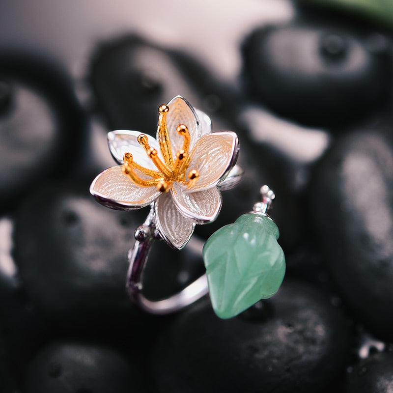 Lotus Fun Real 925 Sterling Silver Natural Aventurine Gemstones Flower Ring Fine Jewelry Lotus Whispers Rings for Women Bijoux