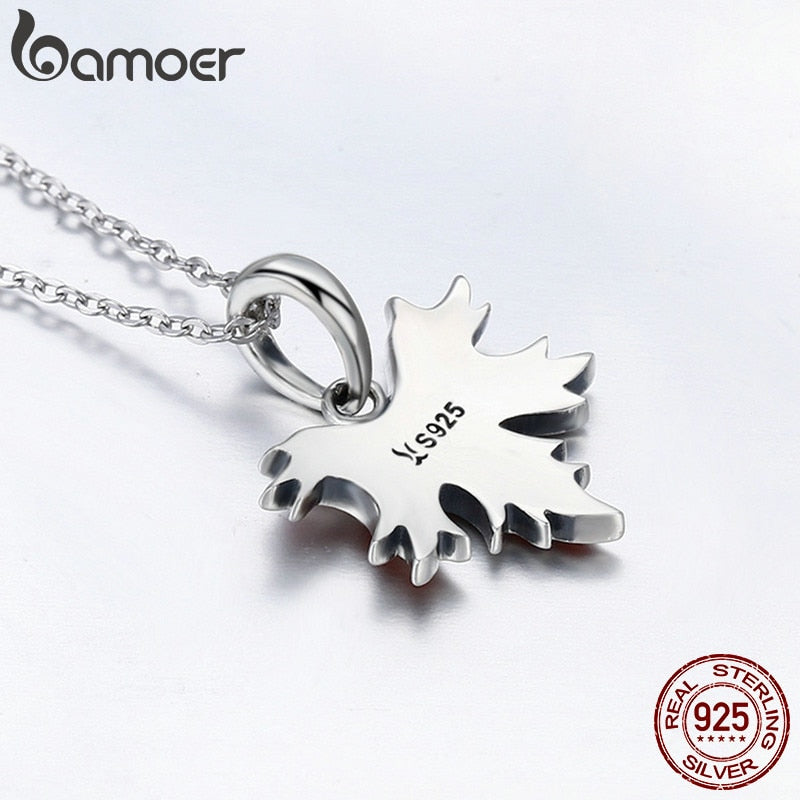 BAMOER 100% 925 Sterling Silver Autumn Maple Tree Leaves Pendant Necklace for Women Luxury Sterling Silver Jewelry Gift CC585