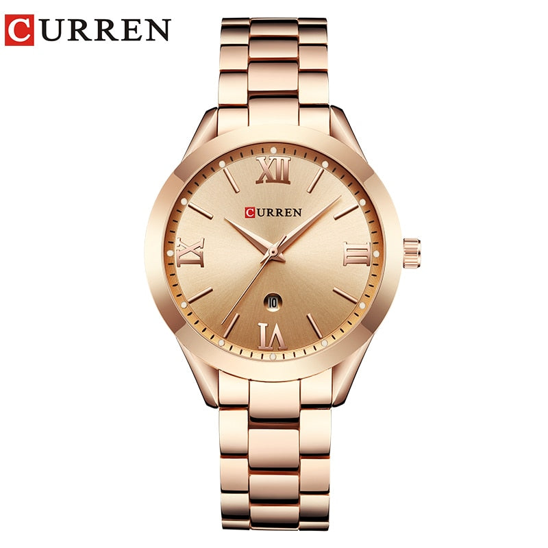 Marca CURREN, reloj de acero para mujer, vestido de lujo para mujer, reloj de pulsera de cuarzo a la moda, pulsera clásica de cristal dorado, reloj para mujer