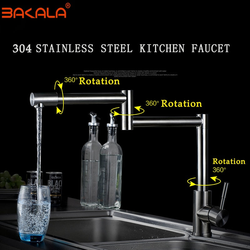 BAKALA 304 Stainless Steel Lead-free Folding Kitchen Faucet Mixer 360 Degree Swivel Single Handle Nickel Kitchen Sink basin Taps