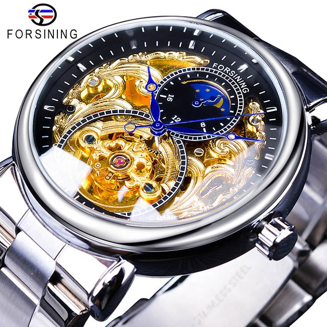 Forsining, reloj mecánico automático de negocios, reloj para hombre, fase lunar dorada, correa de acero, relojes de pulsera, marca superior, reloj Masculino