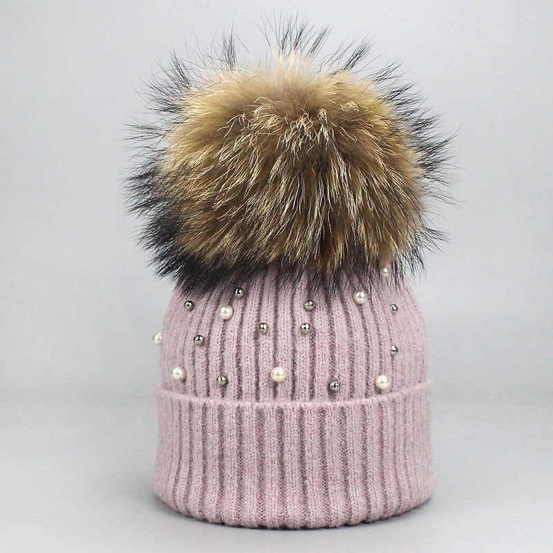 New Wool Beanies Women Real Natural Fur Pom Poms Fashion Pearl Knitted Hat Girls Female Beanie Cap Pompom Winter Hats for Women