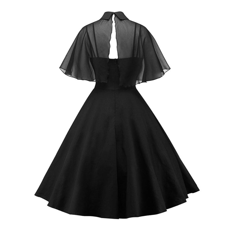 Women Vintage Gothic Cape Black Dress 2022 Autumn Two Piece Mesh Cloak Sleeves Peter Pan Collar Elegant Retro Goth Party Dresses