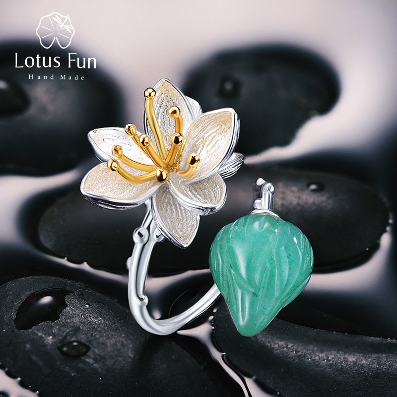 Lotus Fun Real 925 Sterling Silver Natural Aventurine Gemstones Flower Ring Joyería fina Lotus Whispers Anillos para mujeres Bijoux