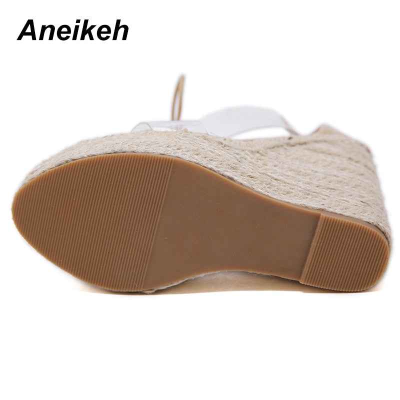 Aneikeh Fashion PVC Sandal Women Transparent Lace-Up Butterfly-Knot Wedges High Heels Black Gold Party Daily Pumps Shoes Concise