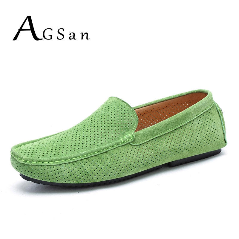 AGSan Summer Men Loafers Genuine Leather Casual Shoes Fashion Slip On Driving Shoes Breathable Moccasins Green Suede Loafers