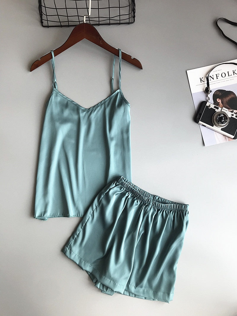 Ice Silk Twinset Korean Solid Color Women Pajamas Camisole Pajama Set Woman Summer Vest Shorts Suit