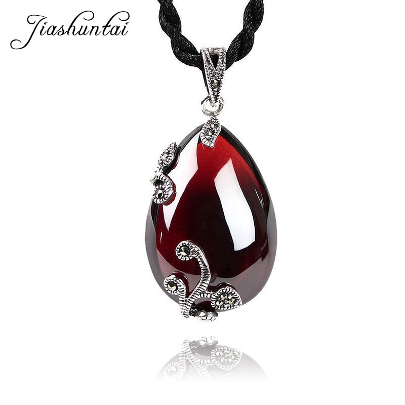 JIASHUNTAI Retro Red Garnet Gemstone 925 Silver Sterling Pendant Necklace Female Silver Jewelry For Women Flower Design