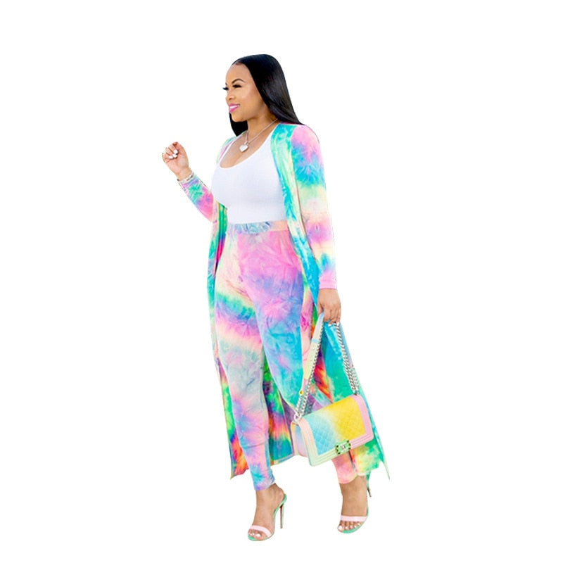 2 Piece Women Set 2020 New African Tie Dye Print Elastic Pants Rock Style Dashiki Famous Suit For Lady coat and leggings 2pcs/se