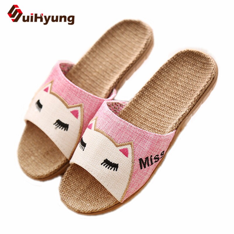 Suihyung Flachs Hausschuhe Frauen Sommer Strand Schuhe Nette Katze Flip Flops Atmungsaktive Rutschen Mädchen Indoor Leinen Hausschuhe Weibliche Sandalen