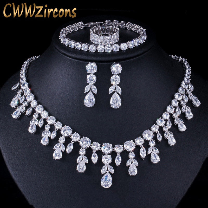 CWWZircons colgante gota Dubai circón collar pendientes pulsera y anillos conjunto de joyería nupcial mujeres vestido de novia accesorios T342