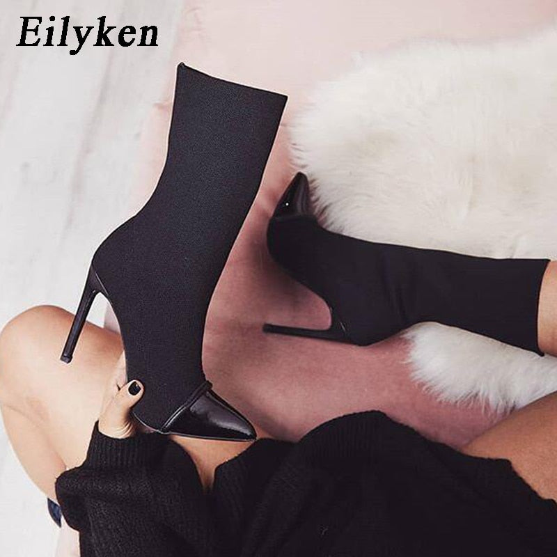 Eilyken 2022 New Women Sock Boots Pointed Toe Elastic High Boots Slip On High Heel Ankle Boots Women Pumps Stiletto Botas
